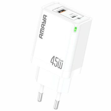 Сетевое зарядное устройство Amaya E45D PD45W+QC3.0 GaN (1USB-A/1C) white 656-08060 фото
