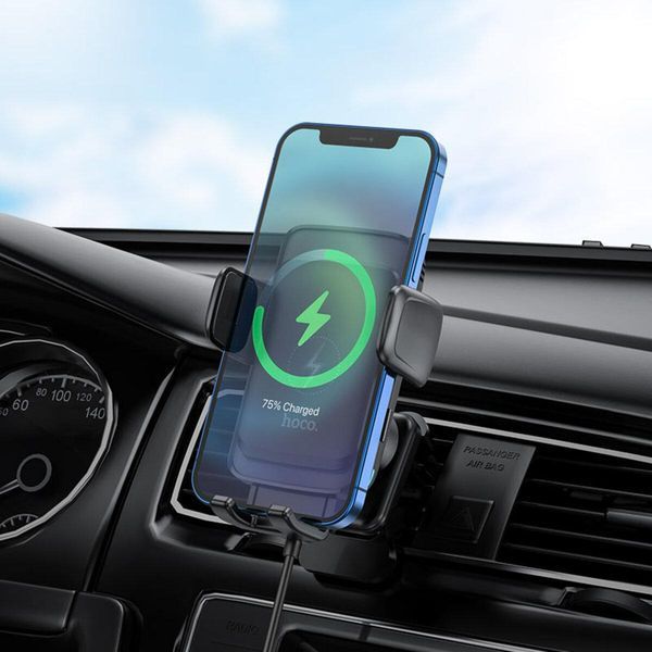 Тримач для мобільного з БЗП HOCO S35 Smart alignment wireless charging car holder Black 656-00539 фото