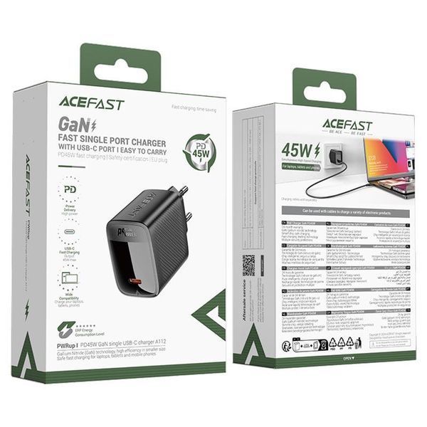 Сетевое зарядное устройство ACEFAST A112 PD45W GaN single USB-C charger (EU) Black 6974316284055 фото