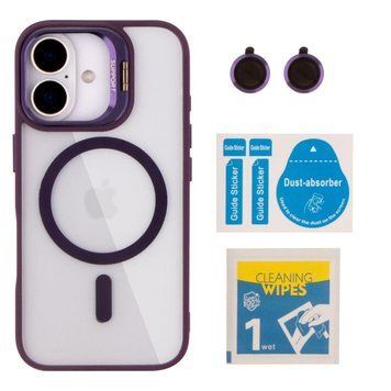 Чохол TPU+PC+Metal Stand Case with MagSafe and Camera Lenses для iPhone 16 Dark Purple 214-03724 фото