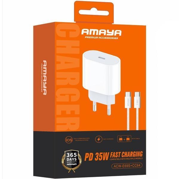 Мережевий зарядний пристрій Amaya E69S PD35W (1USB-C) + кабель Type-C to Type-C white 656-08069 фото