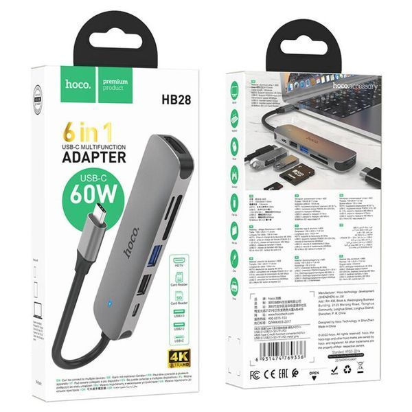USB-хаб HOCO HB28 Type-C multi-function converter(HDTV+USB3.0+USB2.0+SD+TF+PD) Metal Gray 6931474769336 фото