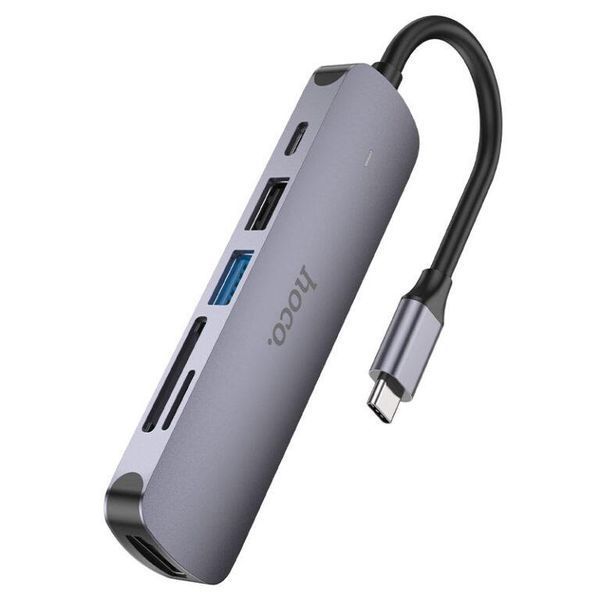 USB-хаб HOCO HB28 Type-C multi-function converter(HDTV+USB3.0+USB2.0+SD+TF+PD) Metal Gray 6931474769336 фото
