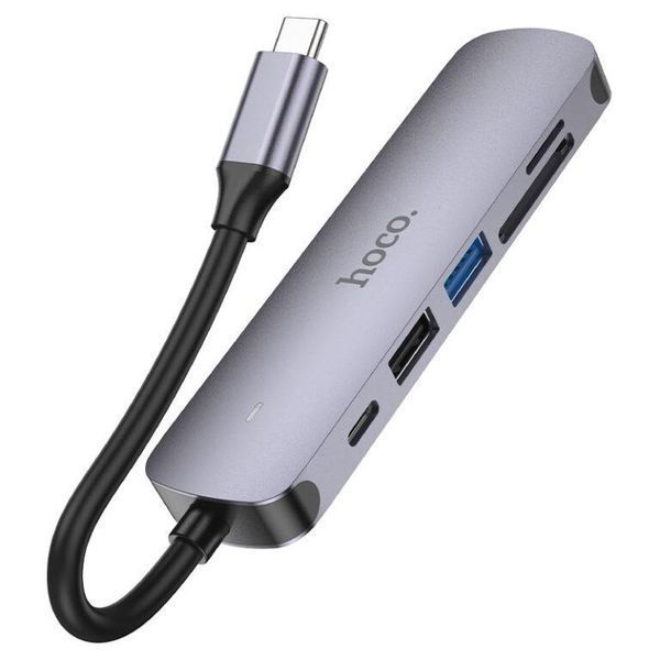 USB-хаб HOCO HB28 Type-C multi-function converter(HDTV+USB3.0+USB2.0+SD+TF+PD) Metal Gray 6931474769336 фото