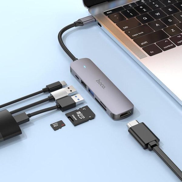 USB-хаб HOCO HB28 Type-C multi-function converter(HDTV+USB3.0+USB2.0+SD+TF+PD) Metal Gray 6931474769336 фото