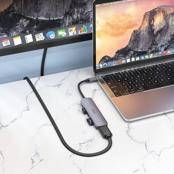 USB-хаб HOCO HB28 Type-C multi-function converter(HDTV+USB3.0+USB2.0+SD+TF+PD) Metal Gray 6931474769336 фото