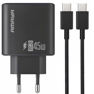 Сетевое зарядное устройство Amaya E70S PD45W (1USB-C) + кабель Type-C to Type-C Black 656-08070 фото
