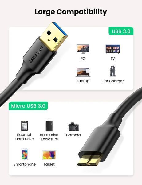 Кабель UGREEN US130 USB 3.0 A Male to Micro USB 3.0 Male Cable 0.5m (Black)(UGR-10840) UGR-10840 фото