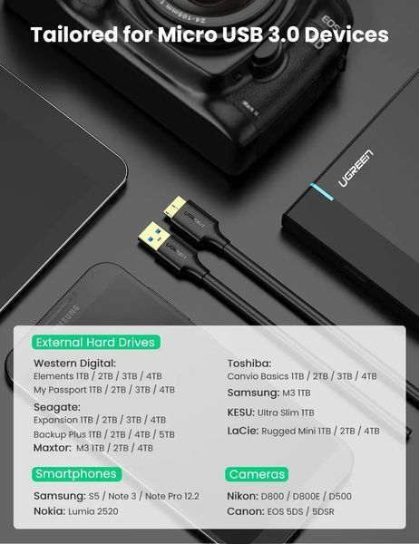 Кабель UGREEN US130 USB 3.0 A Male to Micro USB 3.0 Male Cable 0.5m (Black)(UGR-10840) UGR-10840 фото
