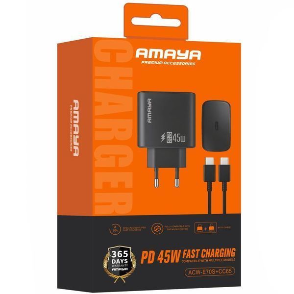 Мережевий зарядний пристрій Amaya E70S PD45W (1USB-C) + кабель Type-C to Type-C Black 656-08070 фото