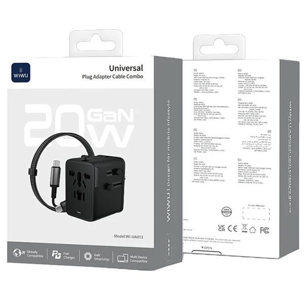 Сетевой универсальный переходник WIWU UA013 20W GaN + 1USB-A/2C with retractable cable Type-C Black ILSO-00000085929-1 фото
