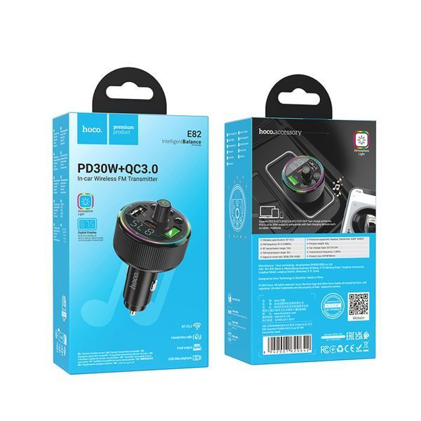 АЗУ с FM-модулятором HOCO E82 Guerrero PD30W+QC3.0 car BT FM transmitter Black 6942007620642 фото