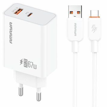 Сетевое зарядное устройство Amaya E72D PD67W+QC3.0 (1USB-A/1C) + кабель USB to Type-C white 656-08071 фото