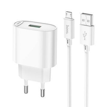 Сетевое зарядное устройство с кабелем HOCO C109A Fighter single port QC3.0 charger set(Micro) White 6931474784827 фото