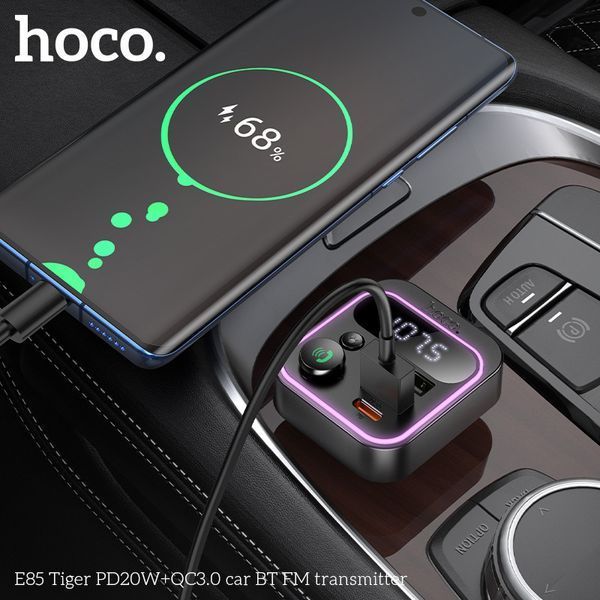 АЗП з FM-модулятором HOCO E85 Tiger PD20W+QC3.0 car BT FM transmitter Black 6942007634304 фото