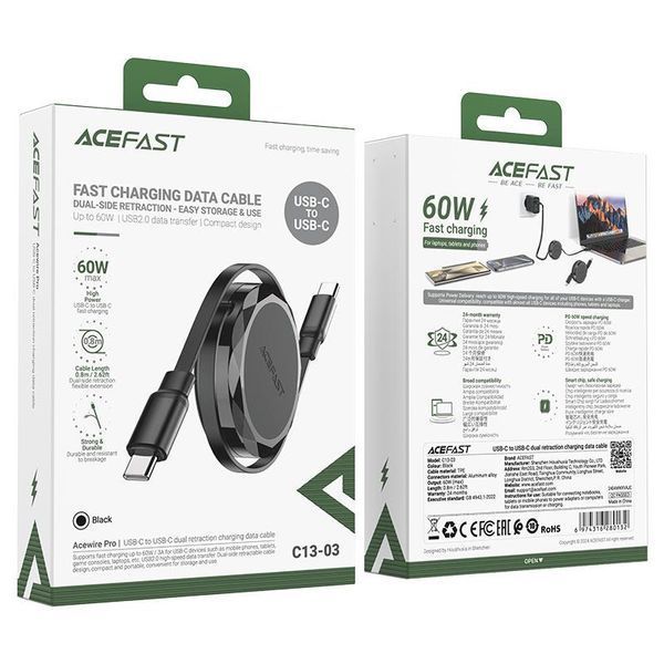 Кабель ACEFAST C13-03 USB-C to USB-C dual retraction charging data cable Black 6974316280132 фото