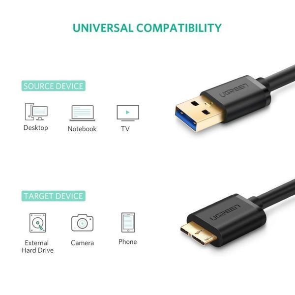 Кабель UGREEN US130 USB 3.0 A Male to Micro USB 3.0 Type B Male Cable 1m (Black) (UGR-10841) UGR-10841 фото