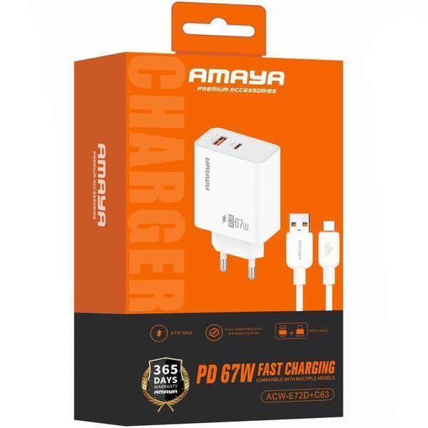 Сетевое зарядное устройство Amaya E72D PD67W+QC3.0 (1USB-A/1C) + кабель USB to Type-C white 656-08071 фото