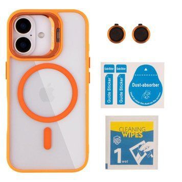 Чохол TPU+PC+Metal Stand Case with MagSafe and Camera Lenses для iPhone 16 Orange 214-03727 фото
