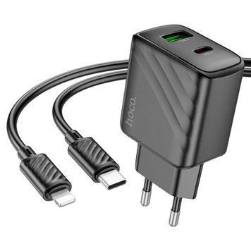 Мережевий зарядний пристрій з кабелем HOCO CS23A Sunlight dual-port PD30W+QC3.0 charger set (C to iP)(EU) Black 6942007609951 фото