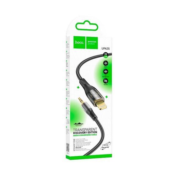 Аудіокабель HOCO UPA25 iP to 3.5mm male, nylon braid, 1m, Black 6931474791153 фото