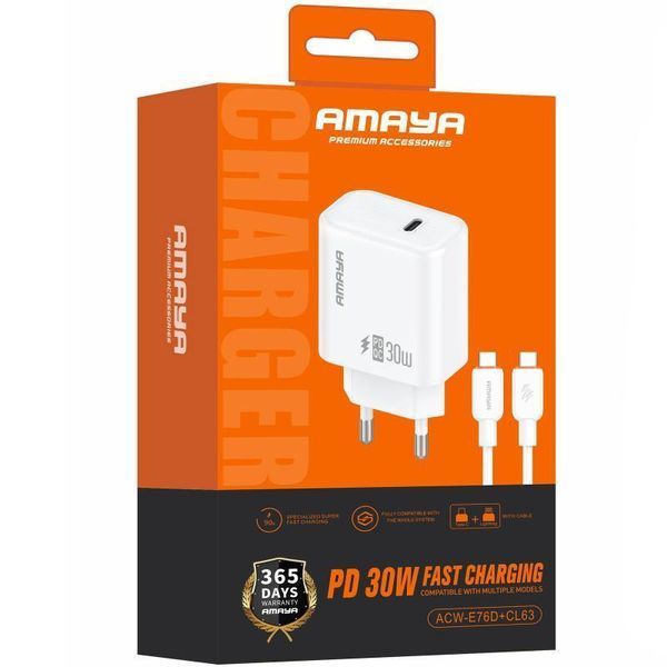 Мережевий зарядний пристрій Amaya E76D PD30W (1USB-C) + кабель Type-C to Type-C white 656-08072 фото