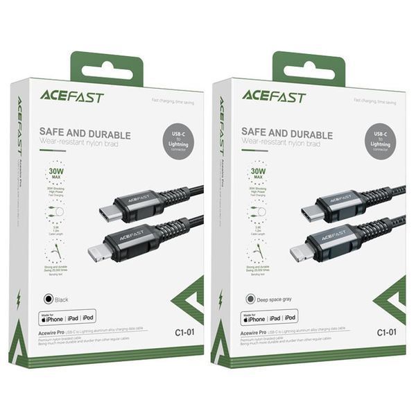 Кабель ACEFAST C1-01 Type-C to iP 3A, 1.2m, nylon, aluminum connectors, Black 6974316280484 фото