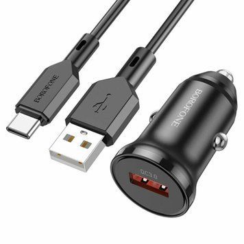 Автомобільний зарядний пристрій BOROFONE BZ18 single port QC3.0 car charger set(Type-C) 18W Black 656-00284 фото