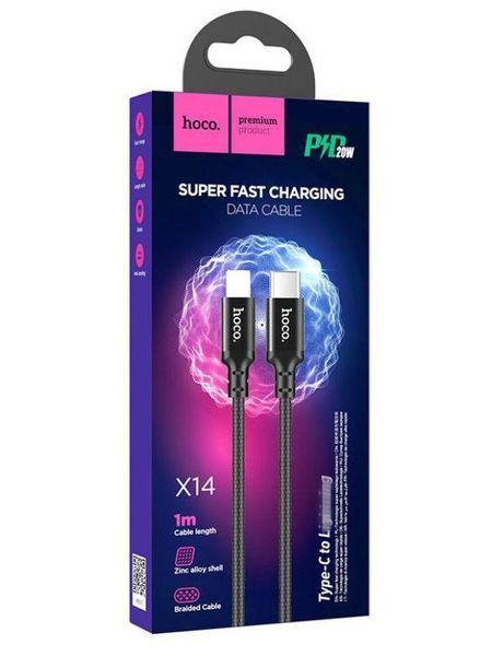 Кабель HOCO X14 Type-C to iP 3A, 20W, 1m, nylon, aluminum connectors, Black 6931474752192 фото