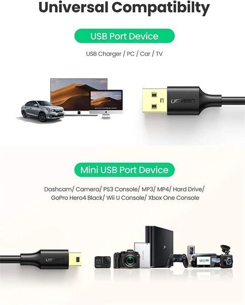 Кабель UGREEN USB 2.0 A Male to Mini 5 Pin Male Cable 3m (Black) UGR-10386 фото