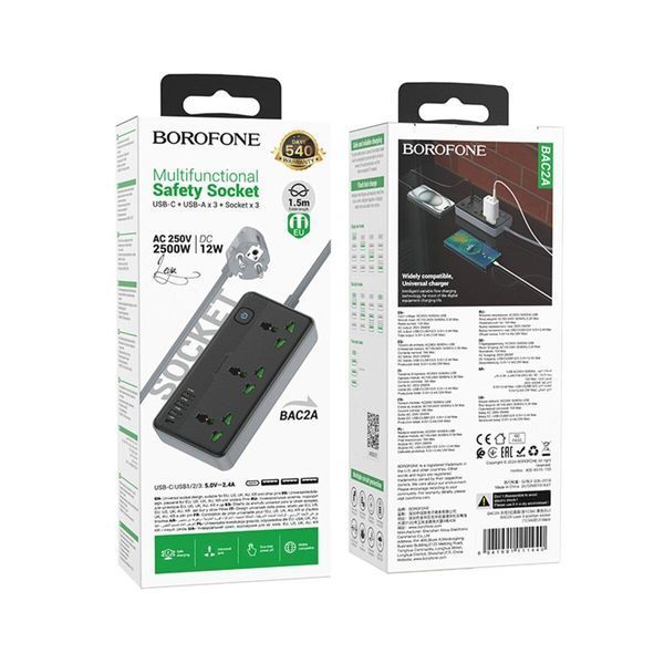 Мережевий подовжувач BOROFONE BAC2A Leya 3 position socket(1C3A)(EU) Black 656-03204 фото