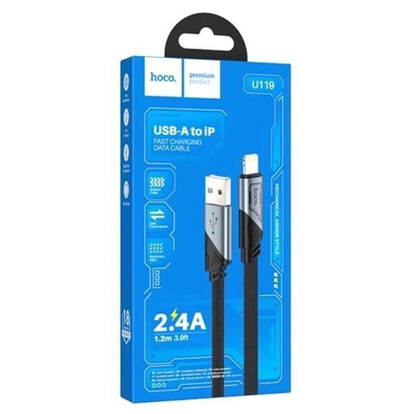Кабель HOCO U119 USB to iP 2.4A, 1.2m, nylon, aluminum connectors, Black 6942007604987 фото