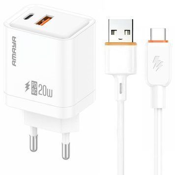 Сетевое зарядное устройство Amaya E77D PD20W+QC3.0 (1USB-A/1C) + кабель USB to Type-C white 656-08074 фото