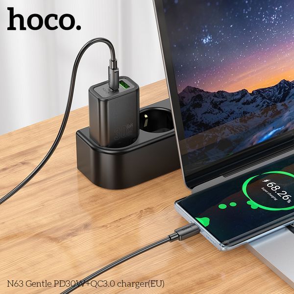 Сетевое зарядное устройство HOCO N63 Gentle PD30W+QC3.0 charger (EU) Black 6942007644358 фото