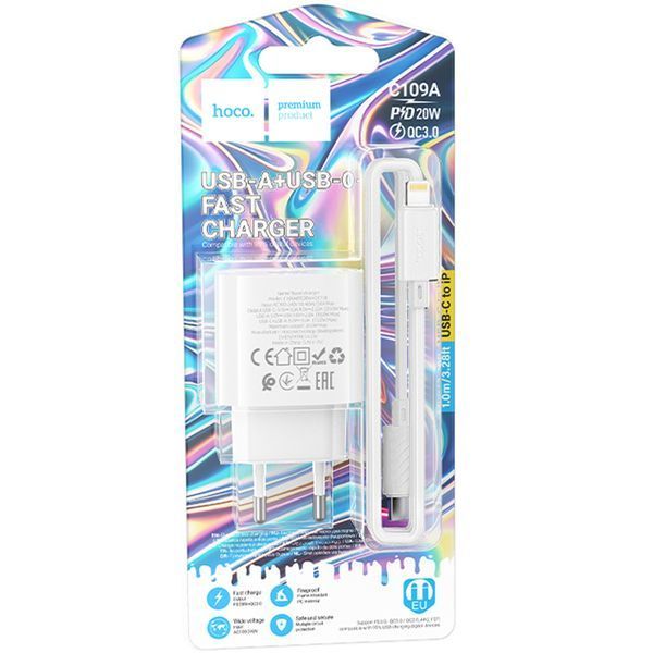 МЗП Hoco C109A Fighter PD20W+QC3.0 (1USB-A/1C) + кабель Type-C to Lightning White ILSO-00000086178-1 фото