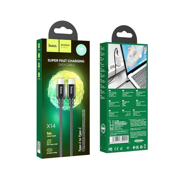 Кабель HOCO X14 Type-C to Type-C 60W, 1m, nylon, aluminum connectors, Black 6931474752215 фото