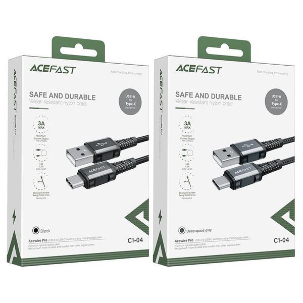 Кабель ACEFAST C1-04 USB to Type-C 3A, 1.2m, nylon aluminum connectors, Black 6974316280545 фото