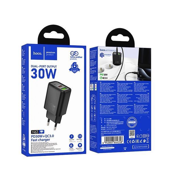 Сетевое зарядное устройство HOCO N63 Gentle PD30W+QC3.0 charger (EU) Black 6942007644358 фото