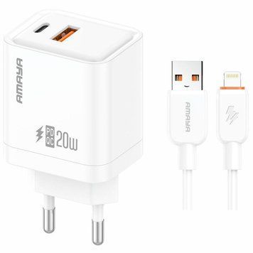 Сетевое зарядное устройство Amaya E77D PD20W+QC3.0 (1USB-A/1C) + кабель USB to Lightning white 656-08075 фото
