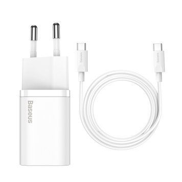 Сетевое зарядное устройство с кабелем Baseus Super Si Quick Charger 1C 25W EU Sets White（ Mini White Cable Type-C to Type-C 3A 1m TZCCSUP-L02 фото