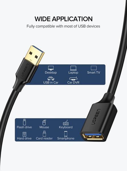 Подовжувач UGREEN US129 USB 3.0 Extension Male Cable 2m (Black) (UGR-10373) UGR-10373 фото