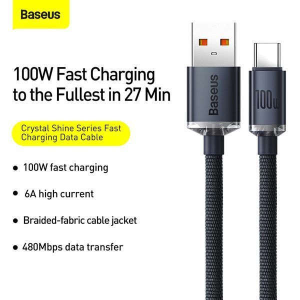 Кабель Baseus Crystal Shine Series Fast Charging Data Cable USB to Type-C 100W 2m Black CAJY000501 фото