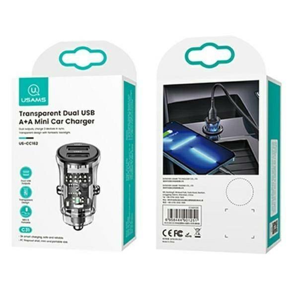 Автомобильное зарядное устройство Usams US-CC162 C31 15W Transparent Dual USB A+A Mini Car Charger 656-00560 фото