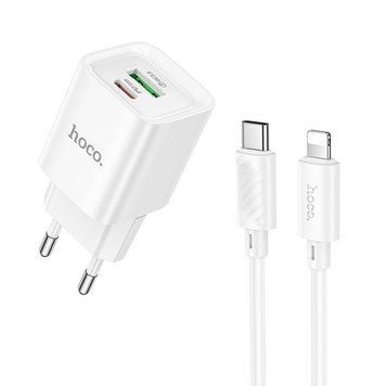 Сетевое зарядное устройство с кабелем HOCO C147A Charm PD20W+QC3.0 charger set (C to iP)(EU) White 6942007630283 фото