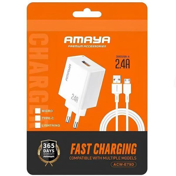 Мережевий зарядний пристрій Amaya E79D 2.4A (1USB-A) + кабель USB to MicroUSB white 656-08076 фото