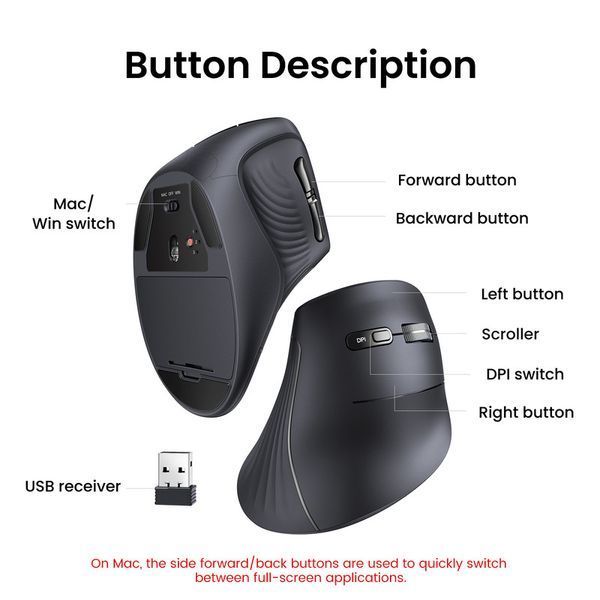 Манипулятор мышь бездротова UGREEN MU008 Multi-mode Vertical Mouse Black UGR-25444 фото