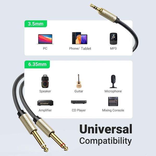 Аудіокабель UGREEN 3.5mm TRS to Dual 6.35mm TS Audio Cable 1m (Gray) UGR-10613 фото