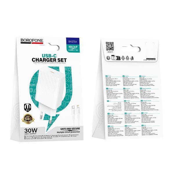 Мережевий зарядний пристрійз кабелем BOROFONE BAS75A Source single port PD30W charger set (C to iP) (EU) White 6941991122842 фото