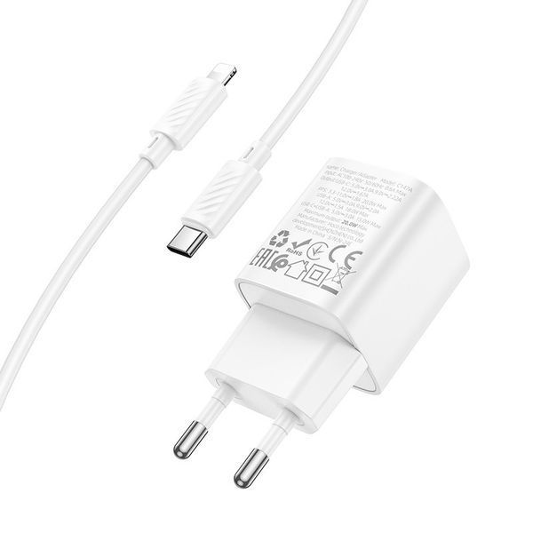 Сетевое зарядное устройство с кабелем HOCO C147A Charm PD20W+QC3.0 charger set (C to iP)(EU) White 6942007630283 фото