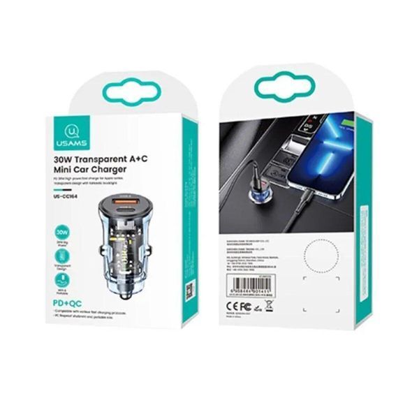 Автомобільний зарядний пристрій Usams US-CC164 C32 30W Transparent A+C Mini Car Charger 656-00561 фото